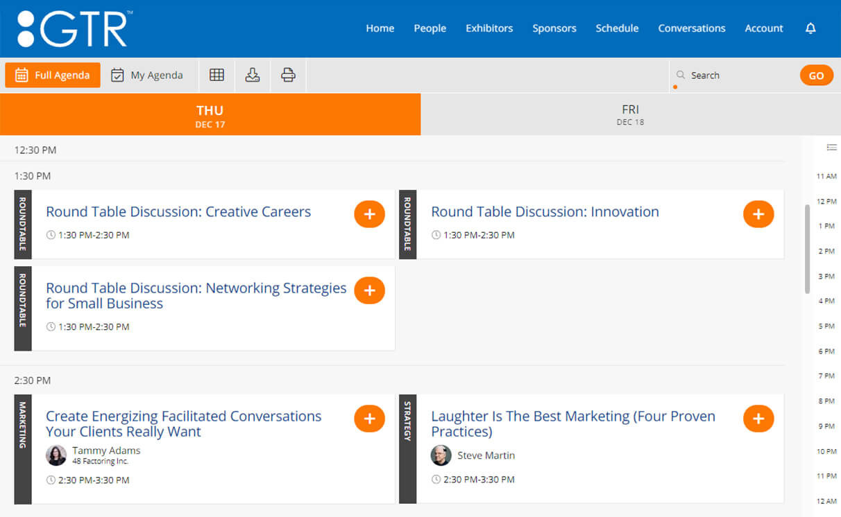 Pre-schedule multi-person video conferences for informal “Birds of a Feather”-type meetups, allowing people to connect and talk about their personal topics of interest. gtr online event agenda